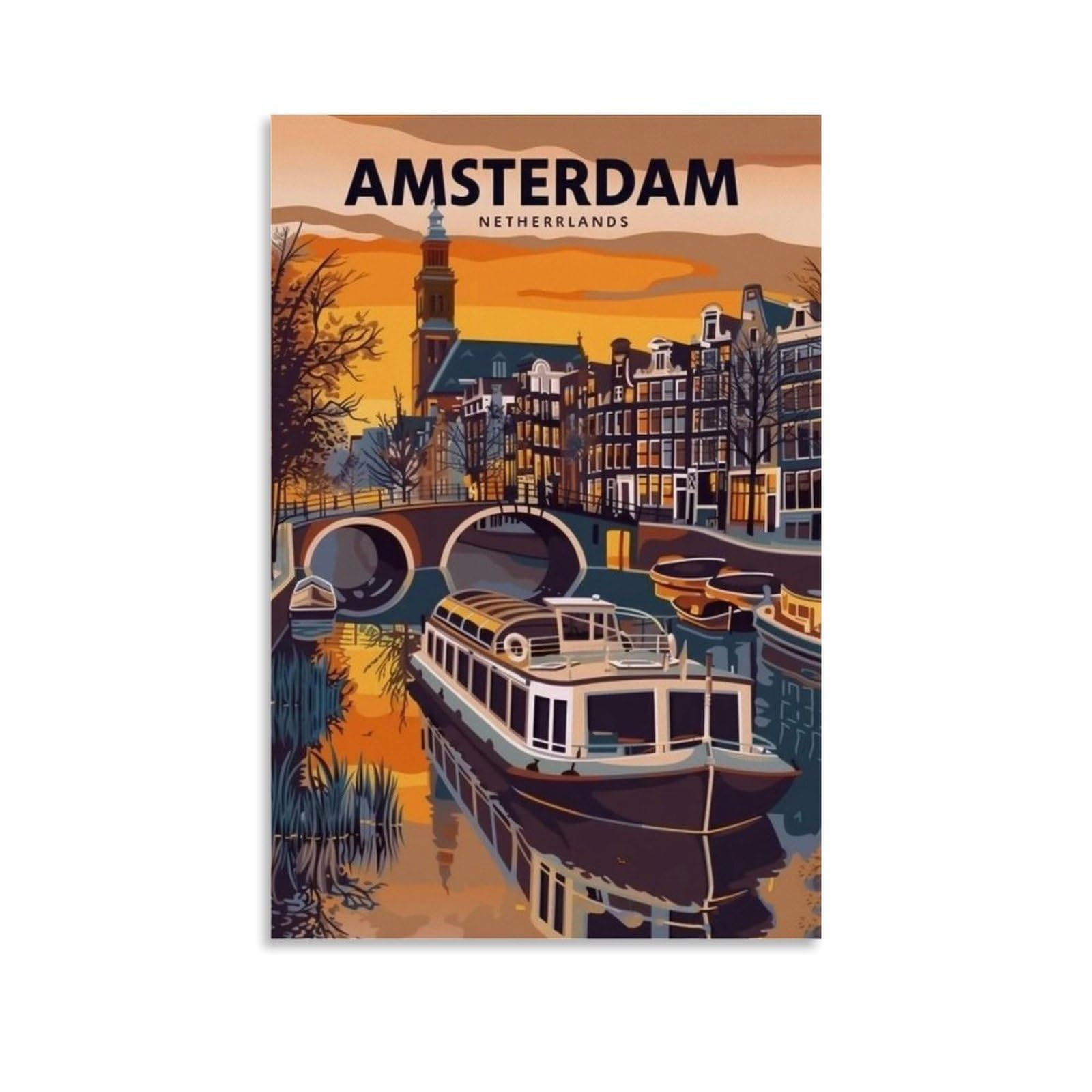 WHOUHJYE Amsterdam Canal Sunset 04 Poster Wall Art Canvas Vintage Aesthetic Painting Decor for Rooms 20x30inch Unframe-style