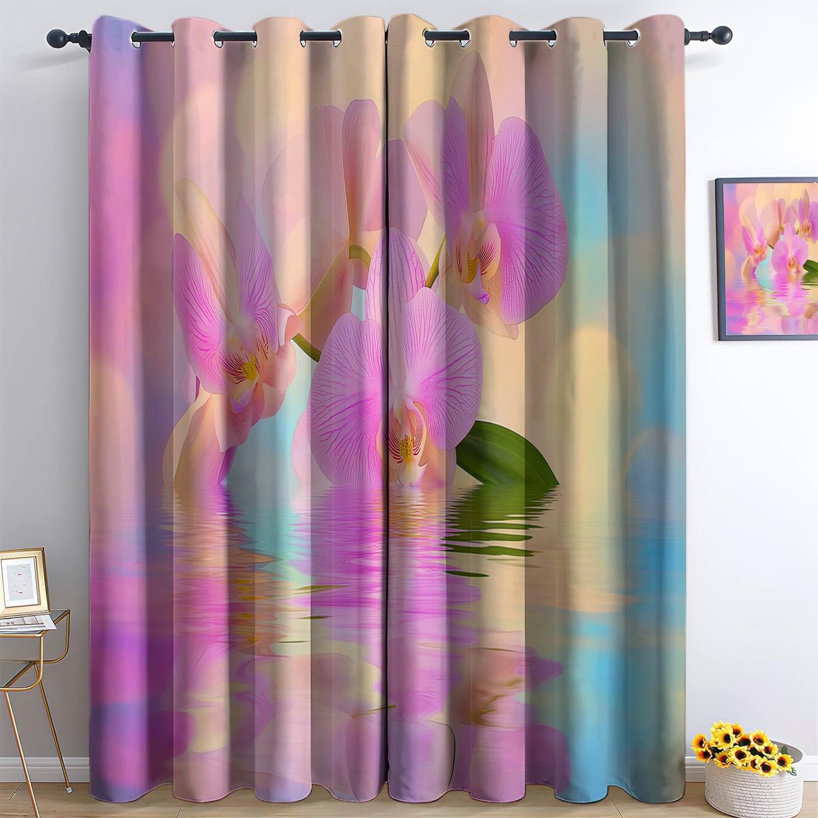 2 panele Zasłony zaciemniające 110 x 215 cm, wymarzona orchidea z nadrukiem z oczkami dla dziewczynek i chłopców, wystrój salonu, miękka i odporna na zmarszczki, różowa