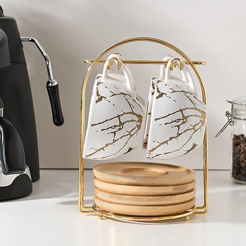 Vista 3 de LUKA Ceramic Demitasse Espresso Cups Set with Saucers and Metal Stand, 8 oz Porcelain Stackable Cappuccino Cups Teacup For Tea, Espresso, Latte