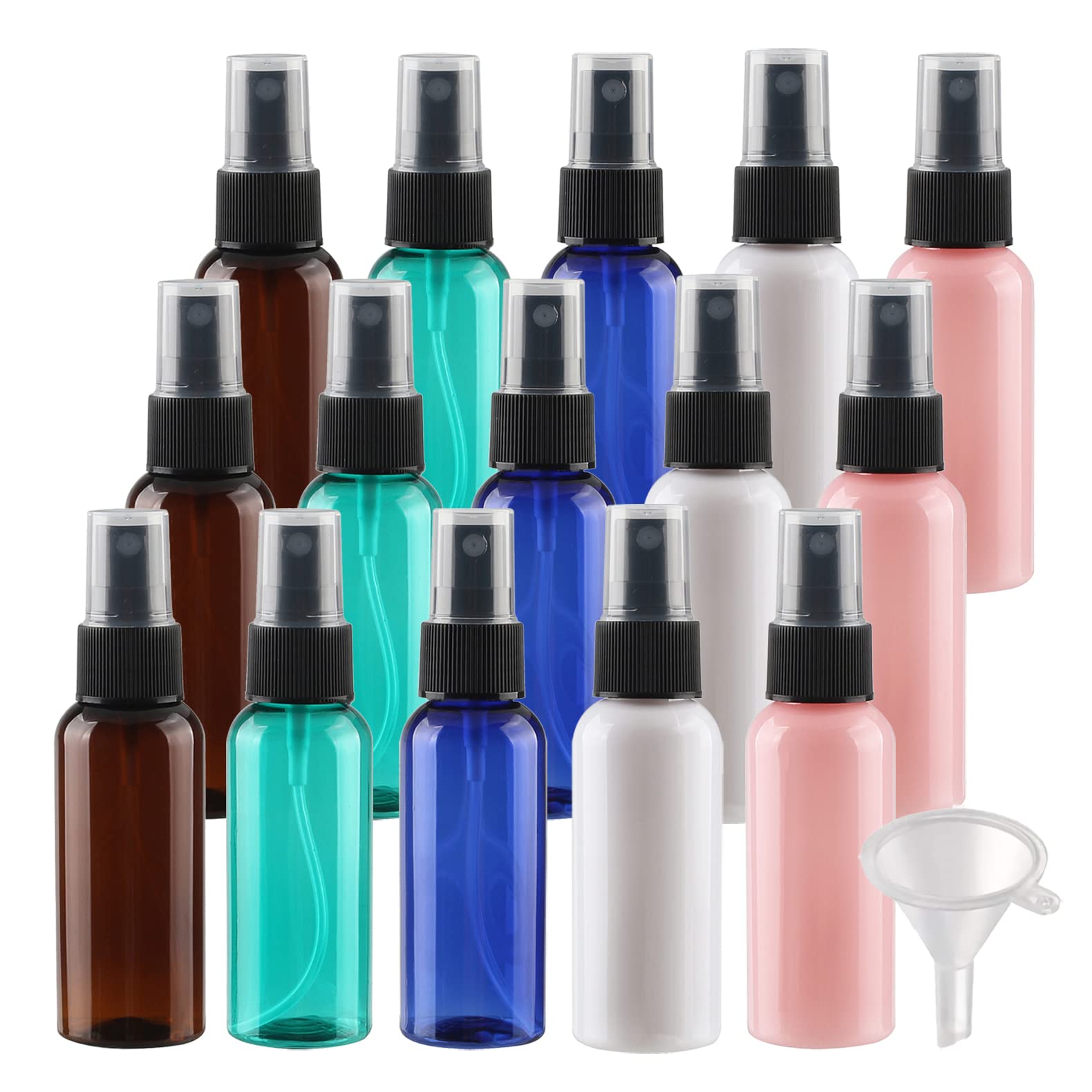 50 Stück Leer 50ml Gemischt Plastik PET Sprühflasche Reise Zerstäuber mit Schwarz Sprühkopf, Klein Feinen Nebel Parfümzerstäuber Reiseflaschen mit 4X Trichter