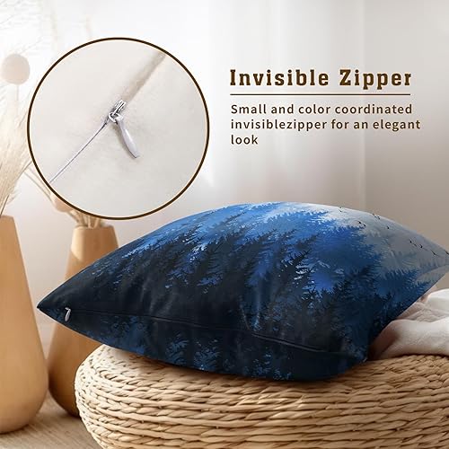 Miniatura 3 de Misty Forest - Fundas de almohada de 20 x 20 pulgadas, 2 fundas de almohada cuadradas de paisaje natural con árboles de bosque azul para decoración