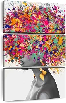 Elephant Stock - Afro Hair Pop Wall Art - Vertical Multi Panel Canvas - 3 Piece Living Room Wall Decor - Painting People Multi Piece Wall Art - White And Gray Decor - 24" x 38"