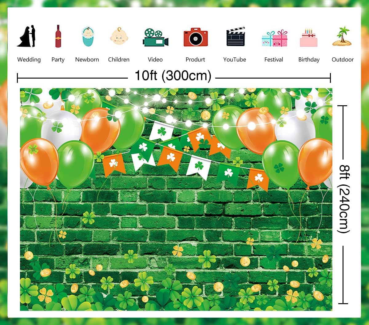 St. Patrick's Day Backdrop Green Brick Wall Lucky Irish Shamrock Clove Gold Coins Photography Background Kids Adults Baby Shower Spring Party Decorations Banner Photo Props (10x8FT)