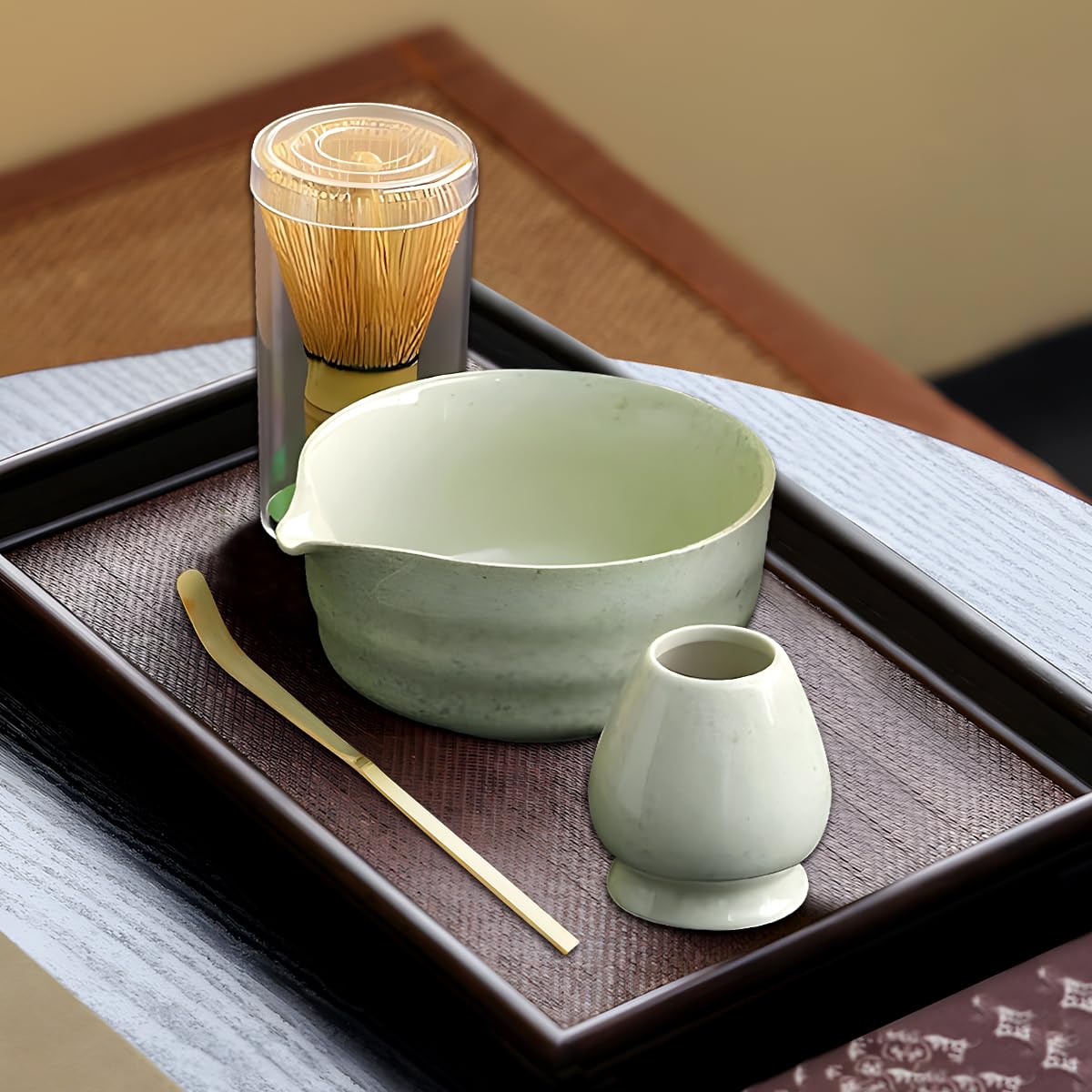 Set Matcha Cerimoniale 4 Pezzi – Matcha Kit Tradizionale con Ciotola, Frustino Bambù, Supporto & Cucchiaino – Kit Matcha per Tè Matcha Giapponese – Ideale per Amanti del Matcha