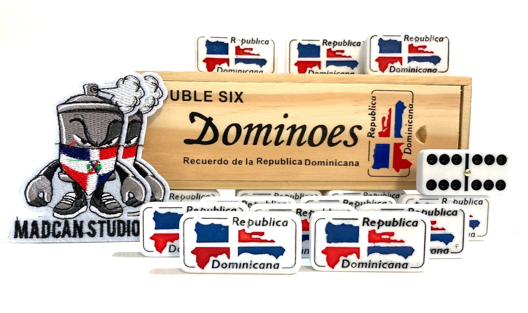 Artist Unknown Dominican Republic Flag Santo Domingo Double Six Dominoes Tiles in Wooden Case - Image 6