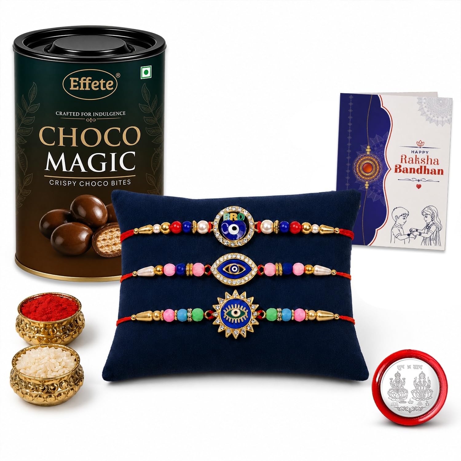 DeoDap Rakhi Rakhi For Brother Set Of 3 with Silver Color Pooja Coin, Rakhi With Greeting Card, Rakhi For Brother And Bhabhi, Rakhi With Chocolate, Rakhi With Gift For Brother, Rakhi For Kids, Rakhi Set, Rakhi Combo, Rakhi With Sweets (K3_320+321+322_EM)-image-1