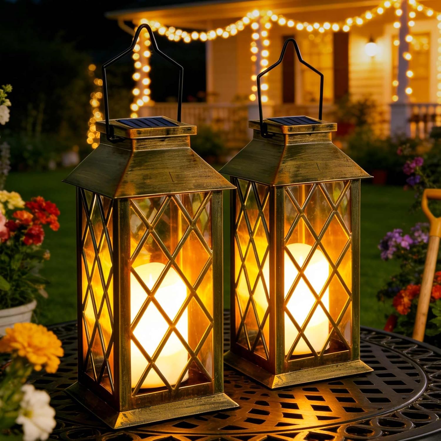 Solar Lanterns Outdoor Waterproof, Flickering Candles Hanging Solar Lights for Outside Garden Patio Wall Porch Decorative, Lamp with Upgraded Solar Panel, Tempered Glass & Clip, Bronze 2 Pack