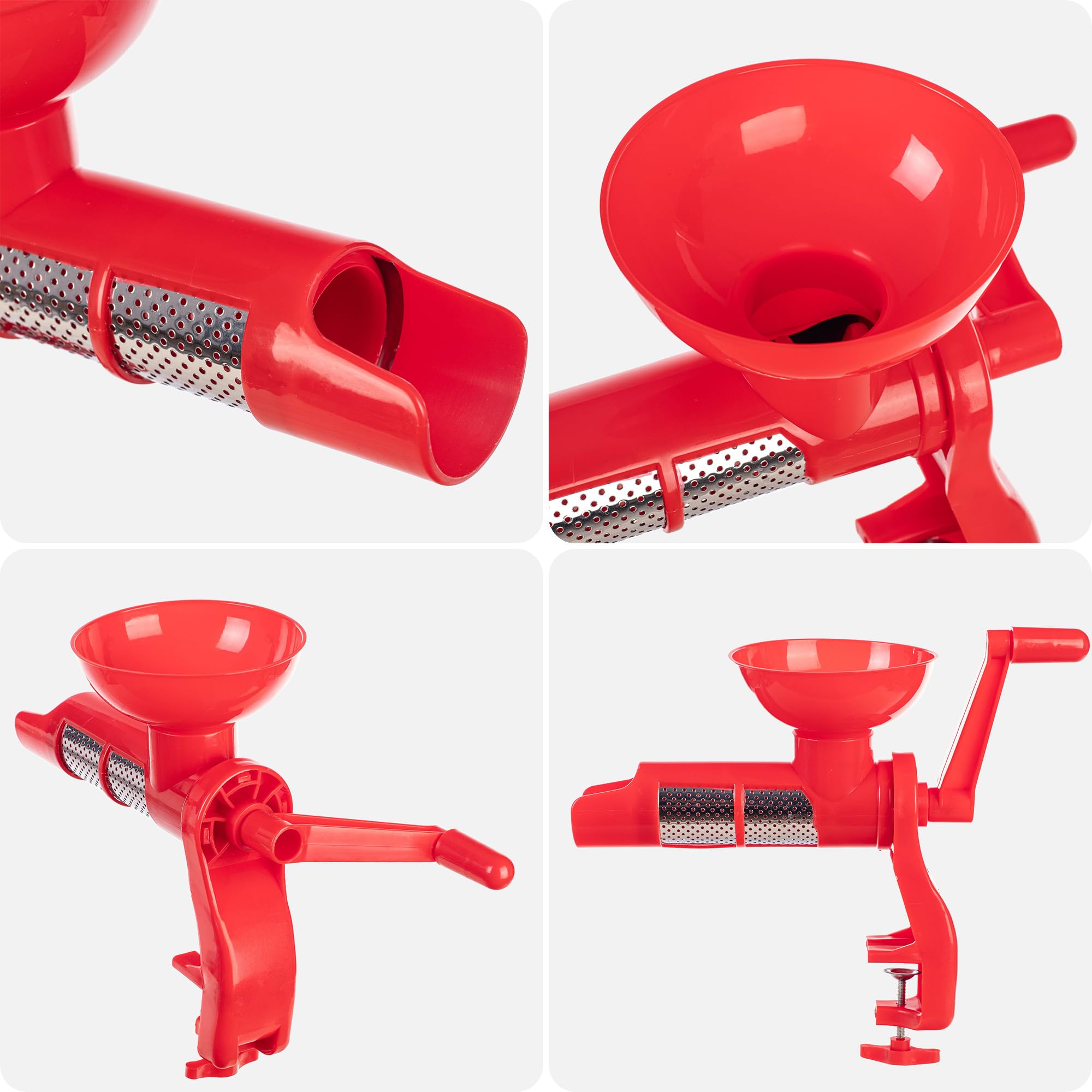 KADAX Manuelle Tomatenpresse, Passiermühle aus Edelstahl und Kunststoff, Tomaten Entsafter, Passiermaschine mit Handkurbel, Trichter, Passiersieb & Tischklemme
