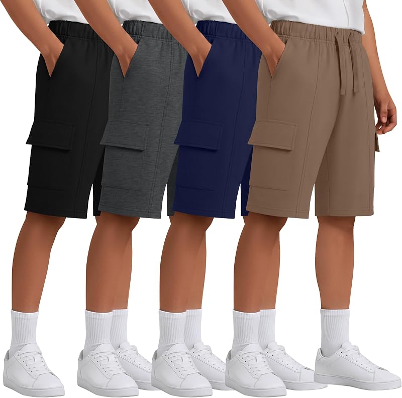 Ficerd 4 Pack Boy's Cargo Shorts | Bermuda, Athletic, Elastic Waist, Casual, Lightweight, Summer Shorts, with Pockets, Drawstring, for Boys 6-16 Years