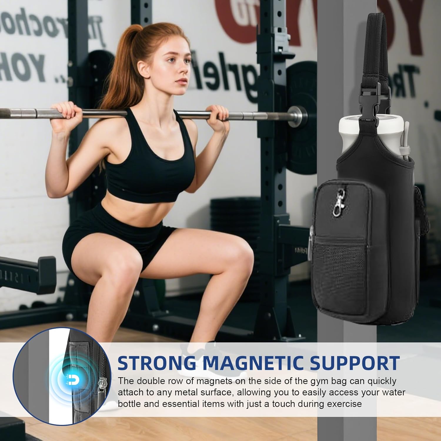 Magnetic Gym Bag - Water Bottle Carrier Holder with Strap & Phone Pockets, Gym Bottle Pouch Sleeve, Water Bottle Sling Pouch, Gyms Accessories for Men and Women（Black） - Image 2