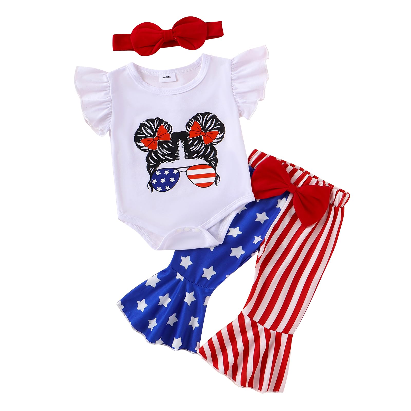 Newborn 4th of July Outfit Girl Short Sleeve Romper Stars Stripe Print Bell Bottoms Set 4th of July Baby Girl Outfits(A-White,0-3 Months)