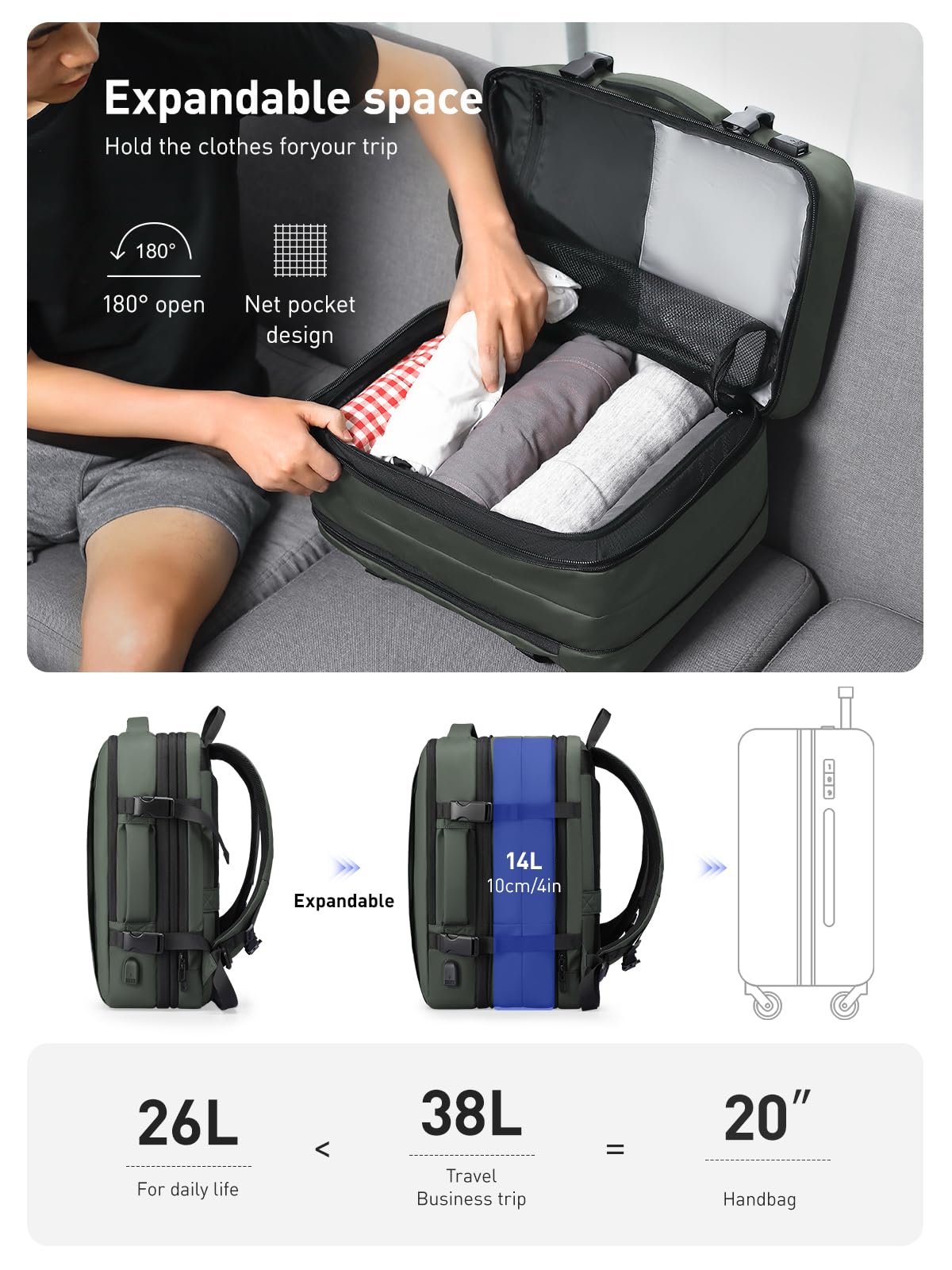 Mark Ryden Plecak na laptopa, rozszerzalny plecak podróżny 26L-38L, rozmiar kabinowy, plecak biznesowy, męski z portem ładowania USB, pasuje do laptopa 17,3 - zielony