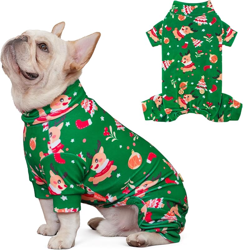 Pijama de Natal para Cães com Estampa de Rena em Veludo Verde KYEESE