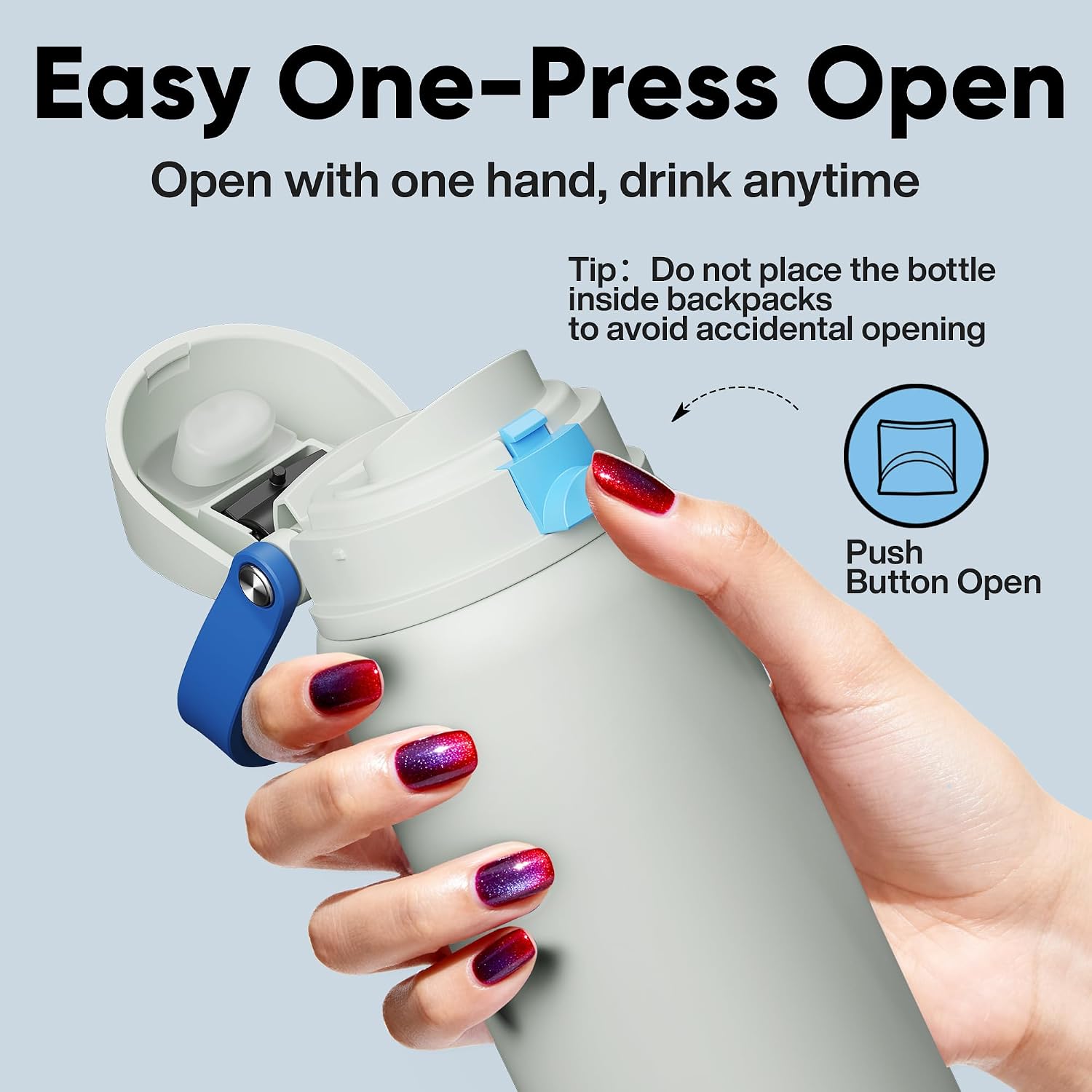 Insulated Water Bottle with Straw - Encool Stainless Steel Water Bottle with Push Button Lid, Leak-Proof & BPA-Free, Keeps Cold for 24 Hours for Sports, Travel, Gym (32 oz, Quill Grey-Blue)