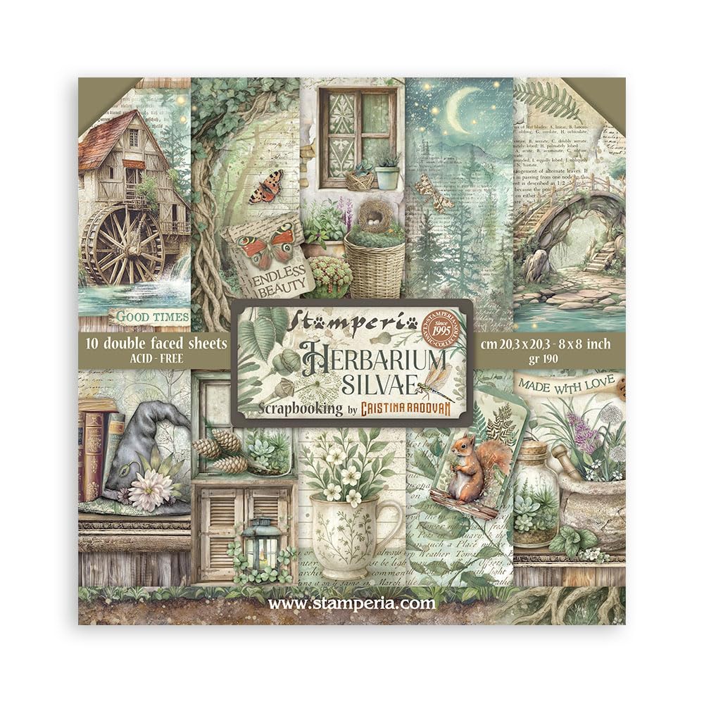 Stamperia - Scrapbook Paper Pad for Scrapbooks, Albums, Cards, Bullet Journals and More, Acid Free, Double-Sided, Perfect for Hobbies, Crafts, and Gifting (Herbarium Silvae) (20.3 x 20.3cm)