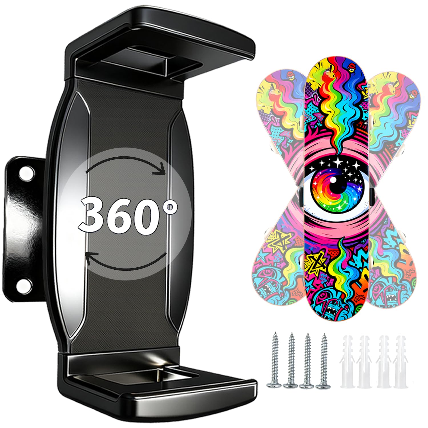 Skateboard Wall Mount - 360° Rotatable Skateboard Wall Hanger with Super Big Clips and Metal Base for Floating Display