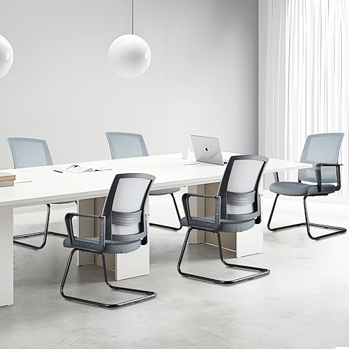 Miniatura 7 de CLATINA Sillas de oficina para sala de espera de conferencias con malla de respaldo medio, serie de rejilla espacial y soporte lumbar, color gris