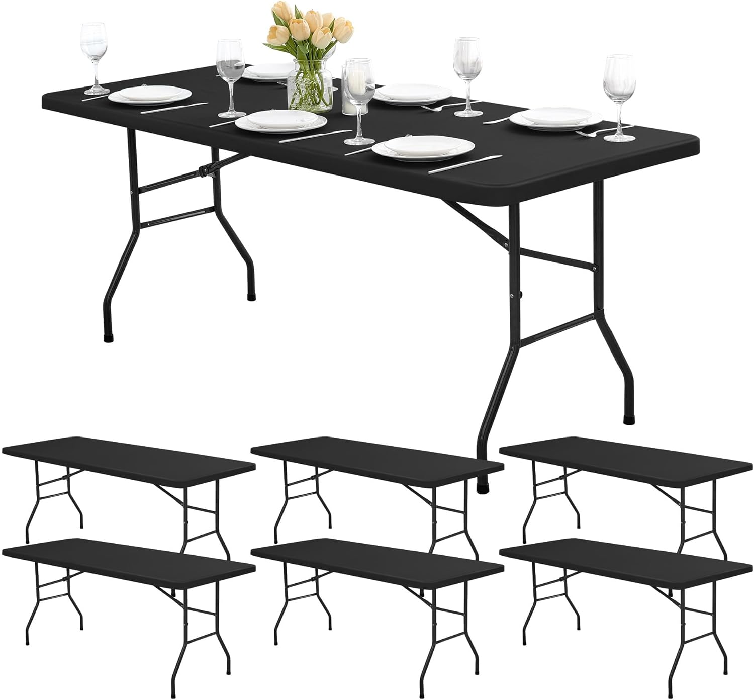 6ft Fitted Tablecloth Rectangle - 6 Pack Outdoor Picnic Table Covers with Elastic, Washable Folding Table Protector for Party Banquet Graduation, 30x72 Inch, Black