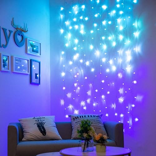 Cortinas de luces para dormitorio, luces de pared, luces LED, turquesa, azul, lavanda, lila, morado, centelleante, luces colgantes, unicornio,