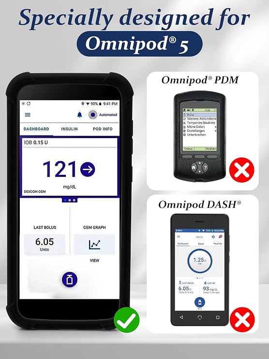 Omnipod 5 PDM Screen Protector with Silicone Case - HD Tempered Glass Film Anti-Fingerprint, Scratch-Resistant, Anti-Drop Protective Omnipod 5 Receiver PDM Case by YOUSHARES (Black)