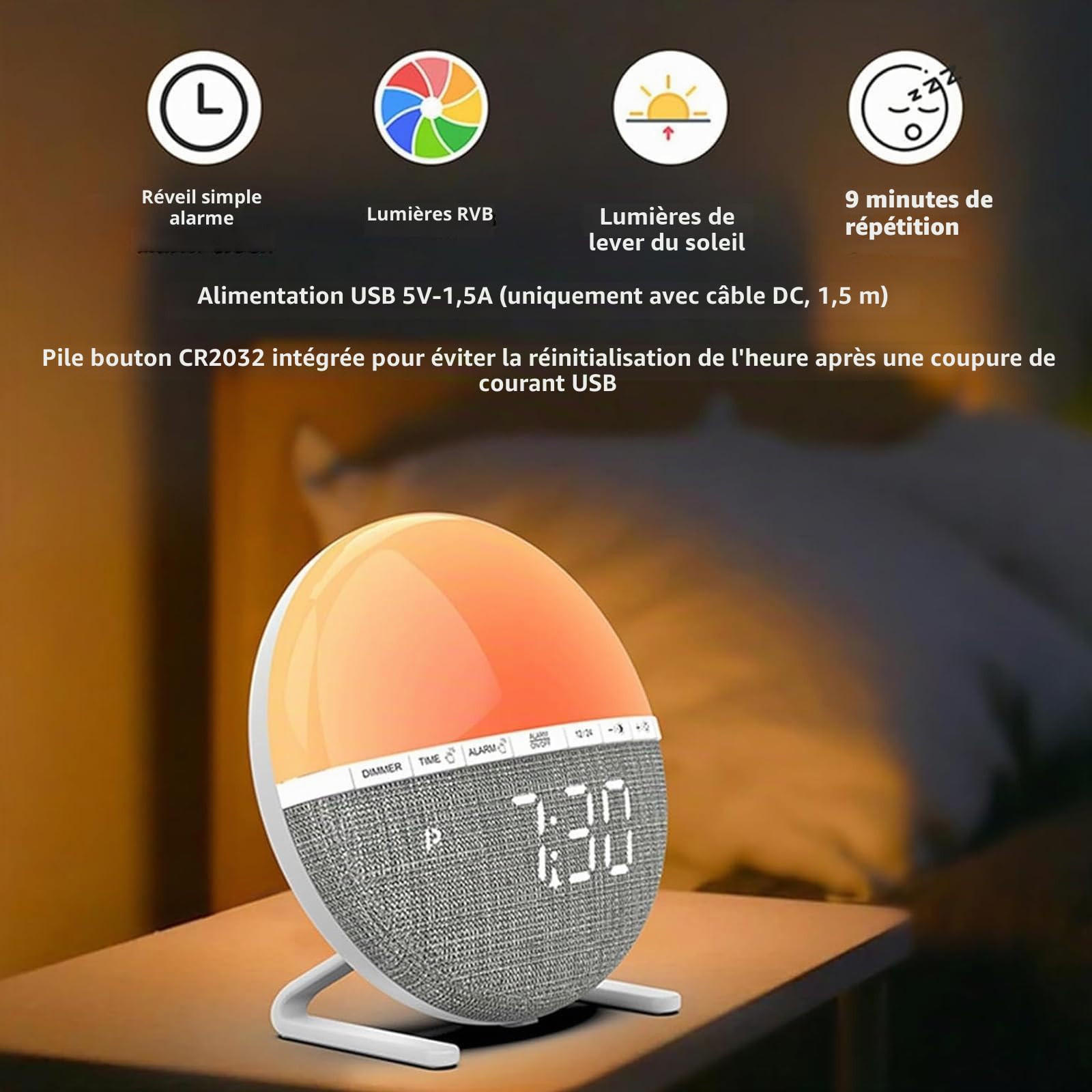 Réveil Lever de Soleil avec écran LED: Réveil Numérique, 7 Sons Naturels, Fonction Répétition pour Chambre, Adultes et Enfants