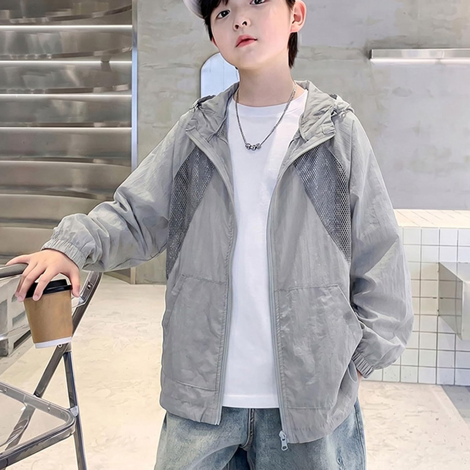 Boys Girls Sun Protection Hooded Jacket UPF50+ Breathable Mesh Windbreaker Quick Dry Lightweight Hiking Coat Elastic Cuffs