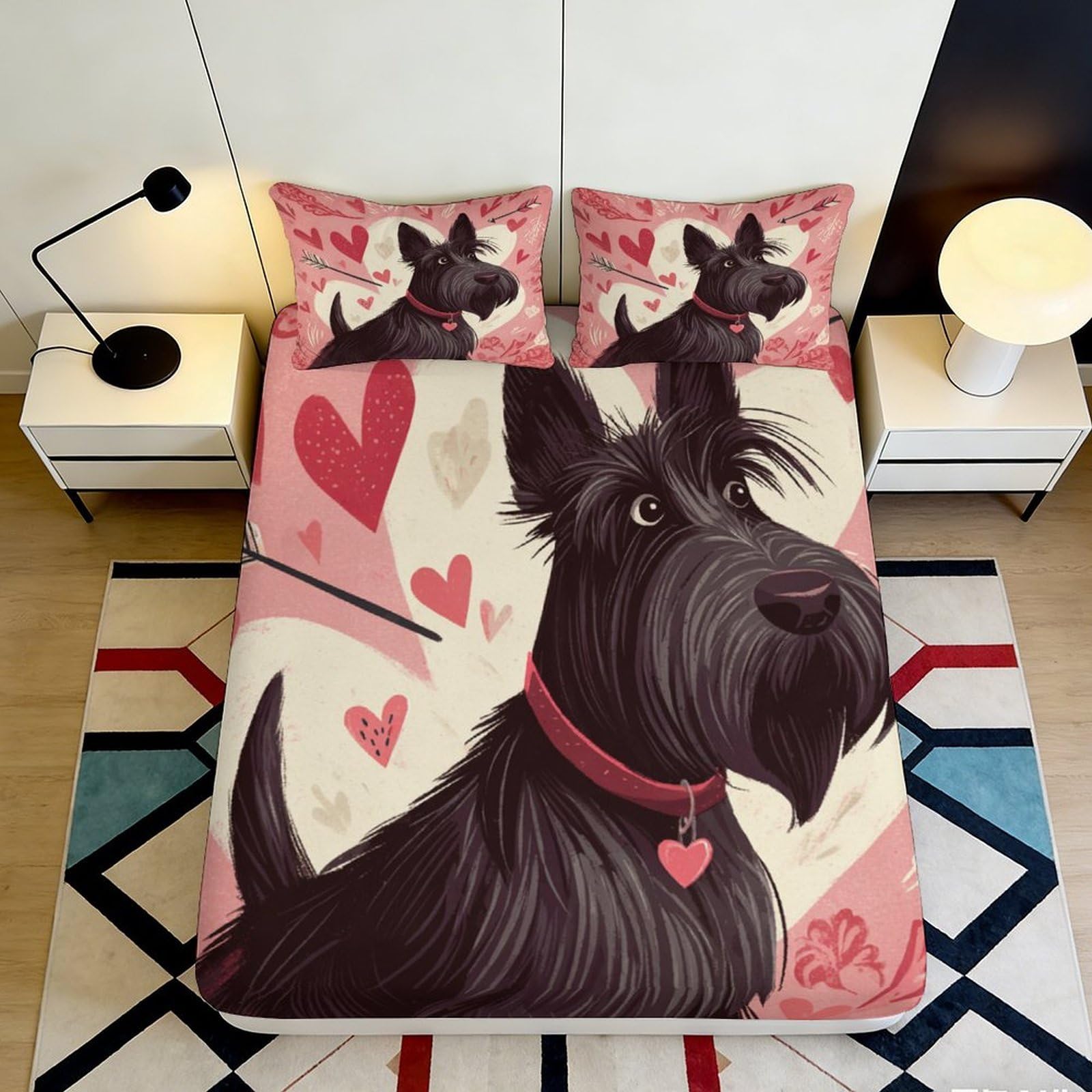 3D Printed Black Scottish Terrier Fitted Sheet Microfiber Anti-Slip Bed Cover for Bedroom Dorm Decor Easy Care 90x200x25cm