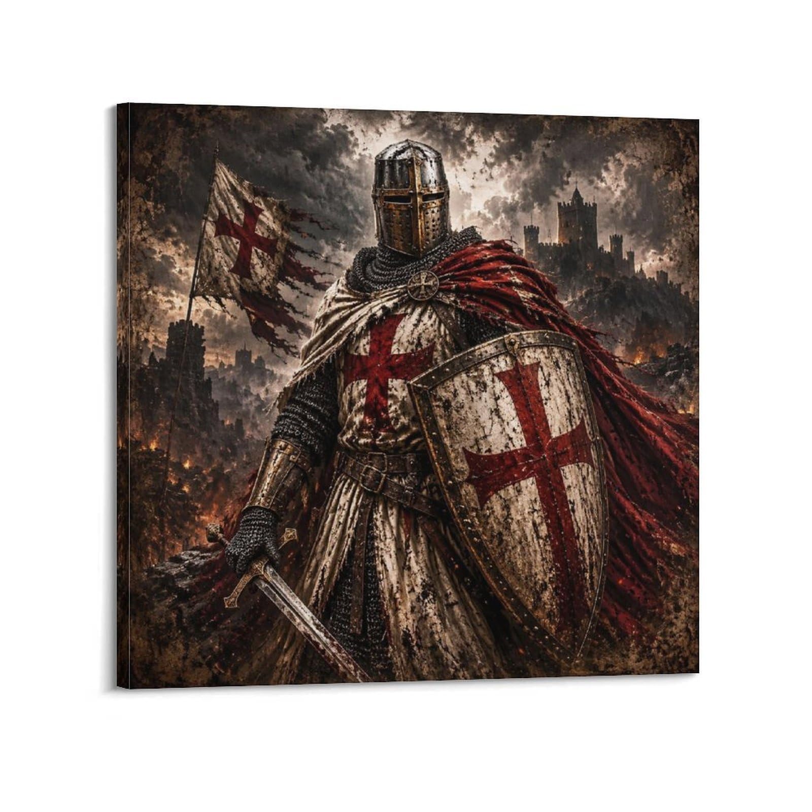 XKUGA Vintage Storm Castle Templar Knight Gothic Poster Cross Armor Modern Decorative Canvas Prints - Ideal Wall Art for Family, Man Cave, Game Room, Boys & Girls Bedroom 12x12inch(30x30cm)