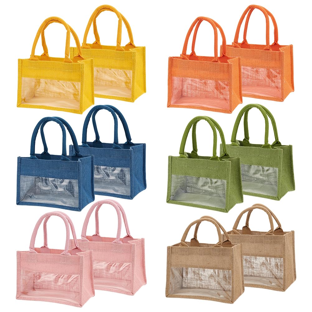WADORN 12 Pièces Mini Sacs Tote En Jute Avec Fenêtres Transparentes 6 Couleurs Petits Sacs Tote En Jute Et Toile Avec Poignées Vierges Unis Réutilisables Pour Faveurs De Mariage Cadeaux