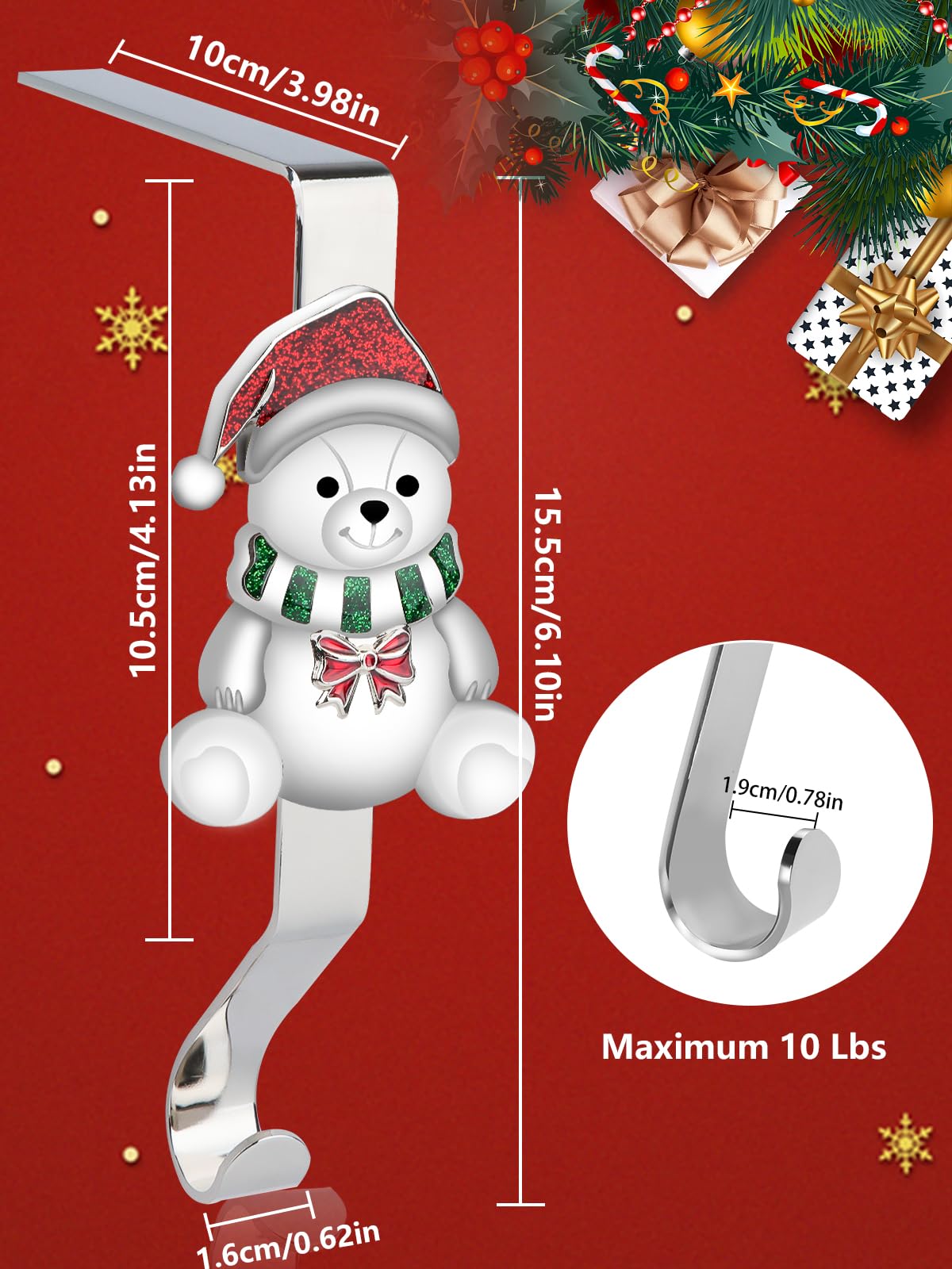 Kalolary Portacalze di Natale per Camino, 4 Pezzi Ganci Antiscivolo per Calze Natalizie, Babbo Natale, Pupazzo di Neve, Orso, Lecca-lecca - Ganci di Metallo per Decorazione