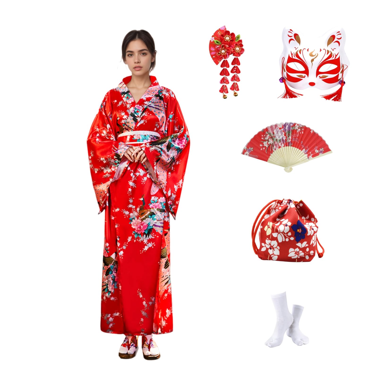 Women's Japanese Kimono Yukata Set,Satin Kimono Robe with Obi,Bow,Drawstring Pouch,Folding Fan,Mask,Hair Clip and Tabi Socks in Gift Box,Women Fancy Dress Cosplay Costume for Photography Stage Party