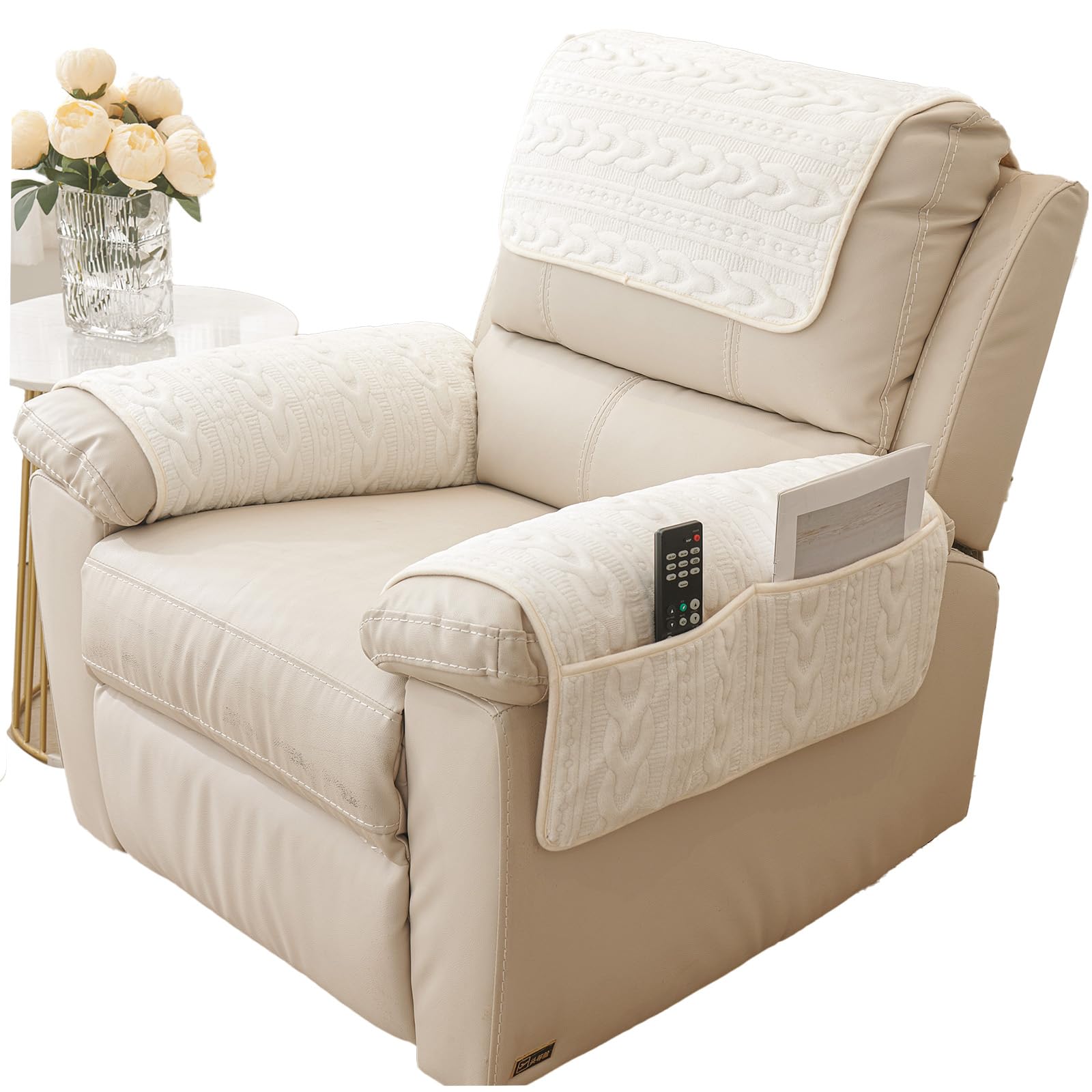 QSZTJJ Sofa Armrest Cover, Headrest Cover for Recliner Chair Arm Cover,Armchair Covers for Arms Headrest Cover for Armchair Waterproof Slipcover with Side Pocket (White,1 person)