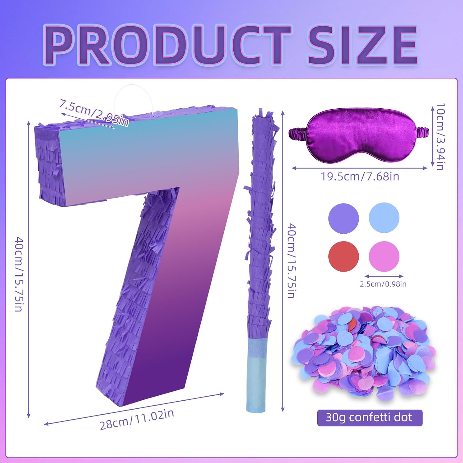 Purple Birthday Party Decorations, 15.7‘’ Purple Number 7 Pinata with Stick Blindfold Confetti for Girls Boys 7th Birthday Activity Game Gift