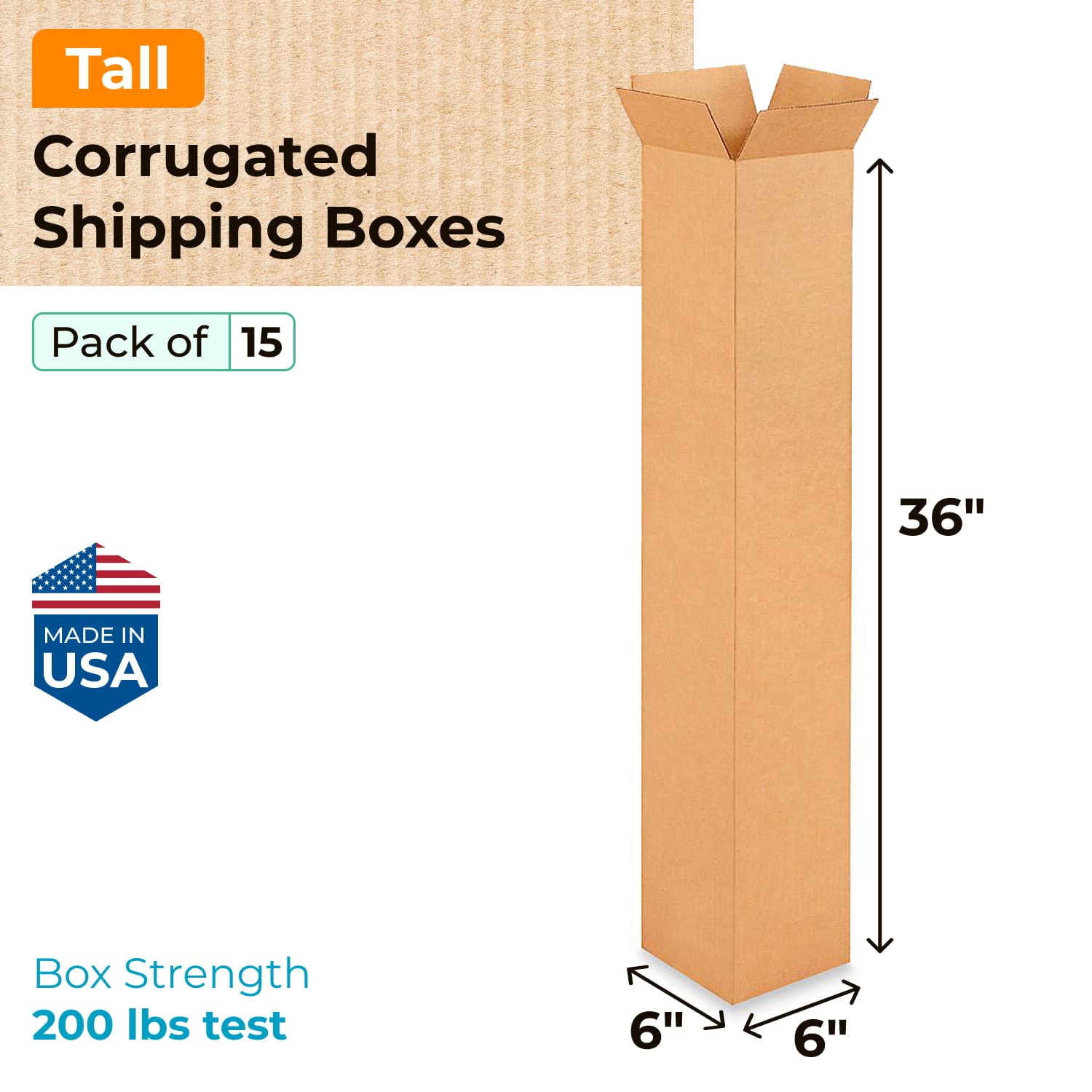 Tall Moving & Shipping Boxes 6"L x 6"W x 36"H (15-Pack) - Extra Strength 200 lb vs Regular - USA-Made Corrugated Cardboard Box - Box for Packaging - Durable Shipping Box by IDL Packaging