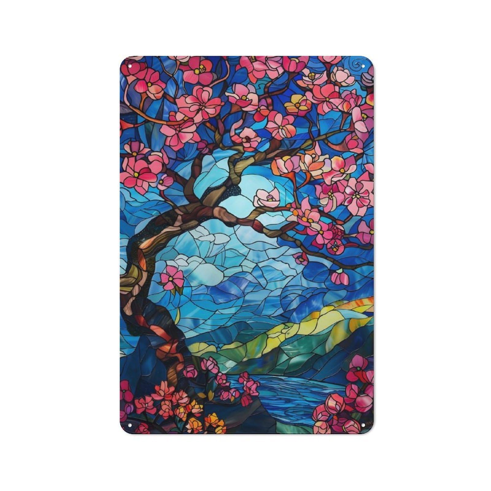 Junmoney Vibrant Cherry Blossoms Vintage-Inspired Tin Sign 30X20cm For Garage Or Workshop, For Garage, Workshop And Man Cave Decoration