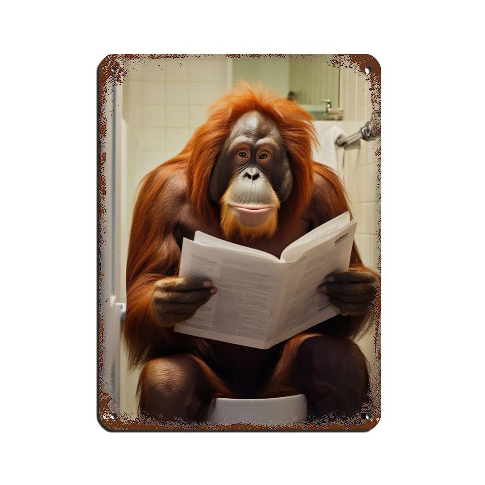Lxwnze 30L X 40W Cm Orangutan Ape Sitting On The Toilet Reading A Newspaper Tin Sign Vintage Metal Pub Club Cafe Bar Home Wall Art Decoration Poster Retro 12X16inch(30X40cm)