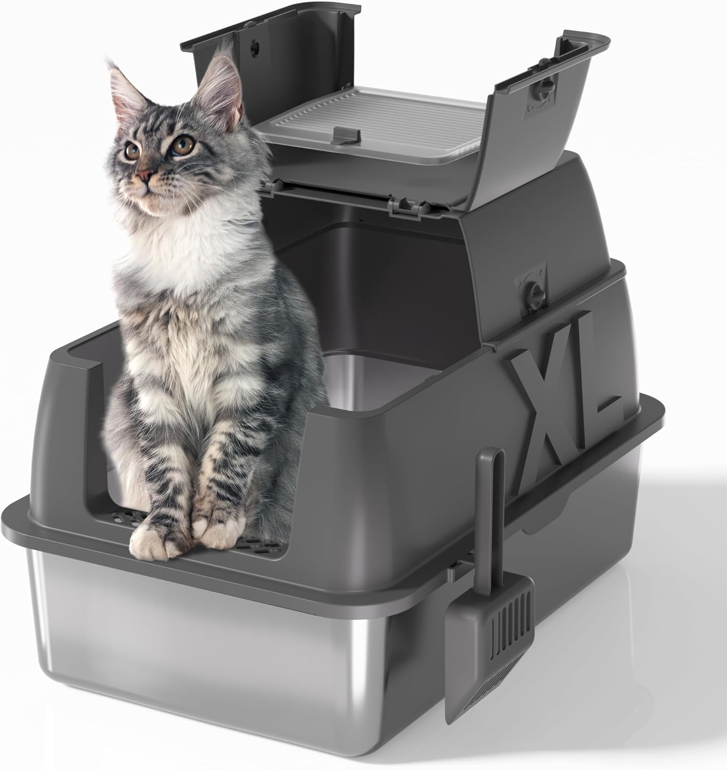 Stainless Steel Cat Litter Box with High Sides Lid, Extra Large XL for Big Cats,Open Top Metal Kitty (Light Grey, 24" L x 16" W x 11" H)