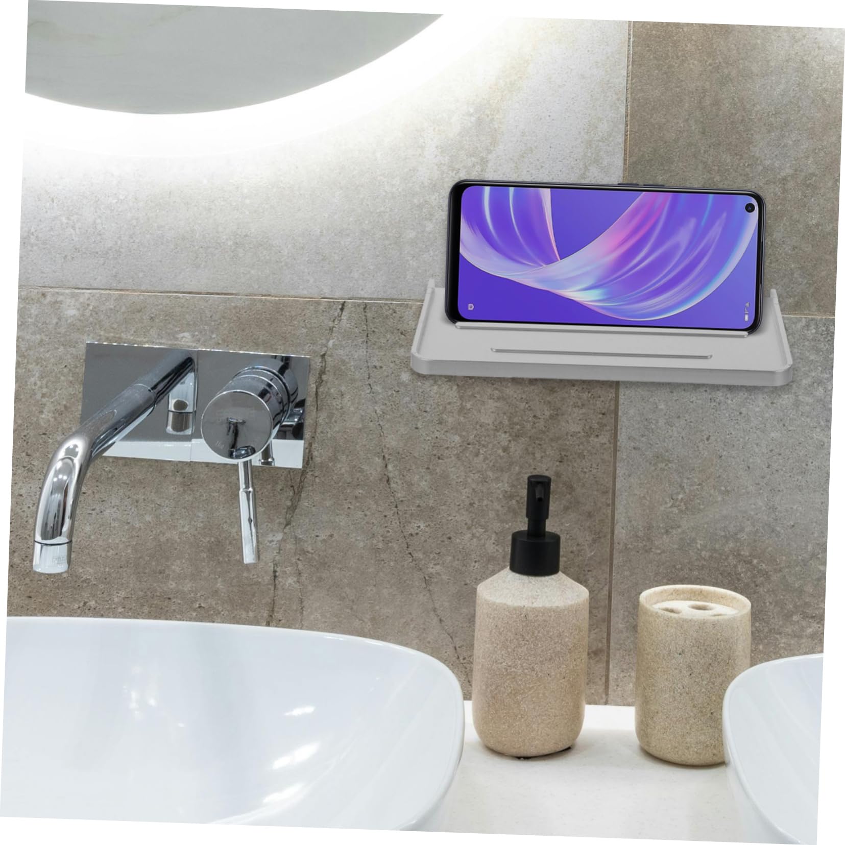 SHINEOFI 5 Pezzi Mensola per Telefono da Bagno Montata Muro Porta Telefono da Bagno Pratico e Moderno Design senza Forature per Organizzazione e Stile