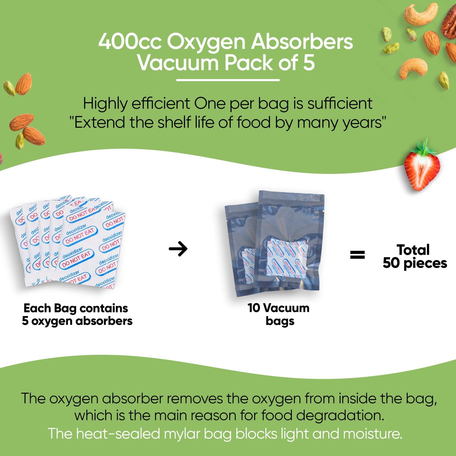 50 Mylar Bags for Food Storage - 0.5 and 1 Gallon Mylar Bags with Oxygen Absorbers 400cc - 9.4 Mil Extra Thick, Ziplock Resealable, Long Term Food Storage Bags