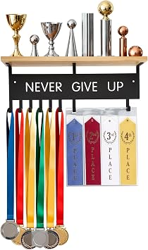 Multi-Function Medal Hanger Display, Trophy Shelf for Wall, Metal & Wood, Black Medal Display with Ribbon Holders, Trophy Shelf for Gymnastics, Swimming, Running Style 1