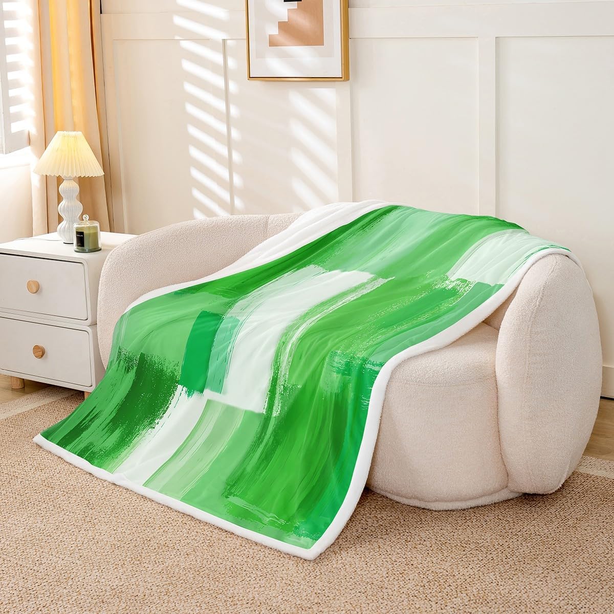 Ombre Green White Warm Cozy Queen 90"x90" Abstract Fleece Throw Blanket for Kids Boys Girls Decor Geometric Sherpa Blanket Plush Fuzzy Breathable Soft Lightweight Microfiber Modern Art Bedroom Decor image 2
