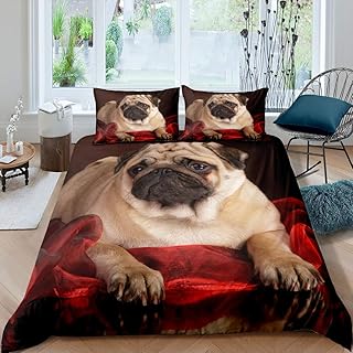 Erosebridal Puppy Bedding Set Full Size, Kids Funny Dog Print Comforter Cover, Lovely Pug Pet Duvet Cover for Children Boys Girls Teens Adult, 3D Cute Pet Quilt Cover, Brown and Red