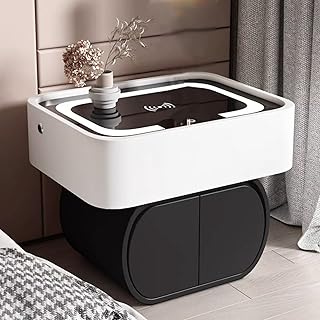 Mesita de noche inteligente para dormitorio, mesita de noche con cajones LED, color blanco, mesita de noche con estación de carga, mesa auxiliar moderna con 2 cajones, mesita de noche delgada con