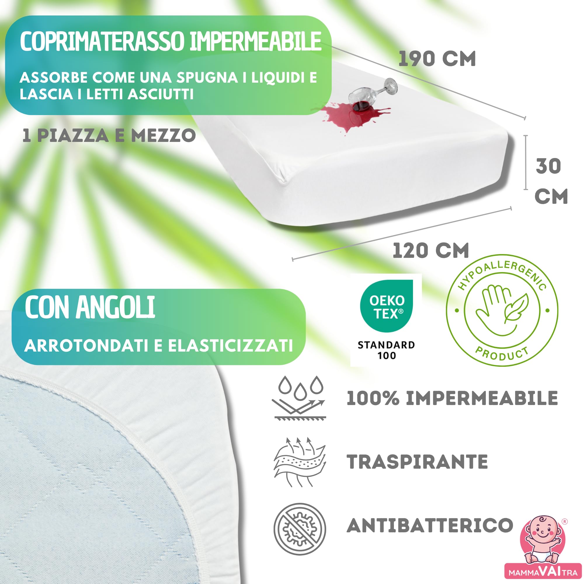 Coprimaterasso Impermeabile in Bambù Una Piazza e Mezzo 120x190x30