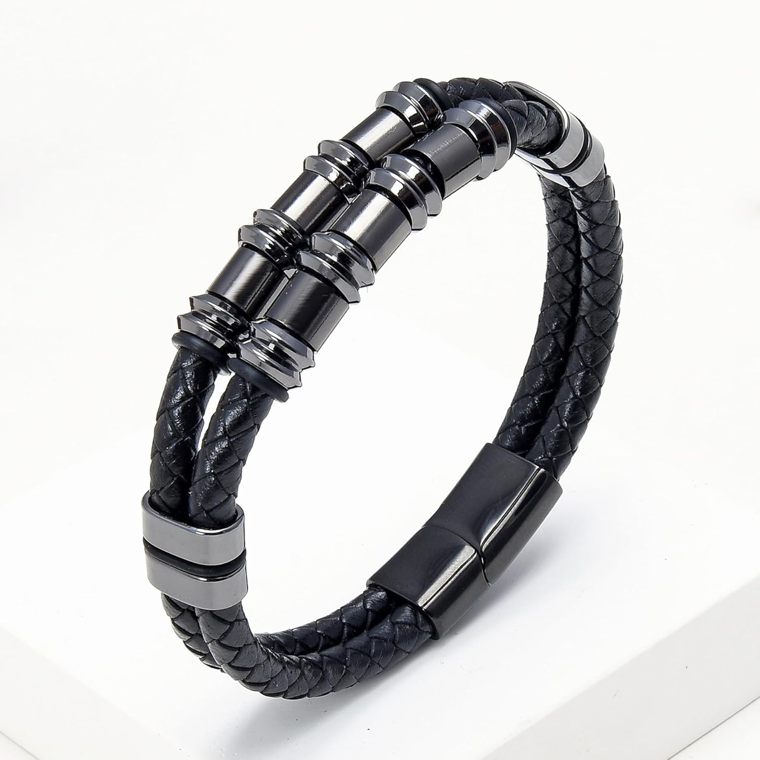 Leather Bracelet for Men Multi-Layer Braided Leather Bracelet Stainless Steel Bangle Bracelet Wristband Jewelry Gifts for Men - Image 4