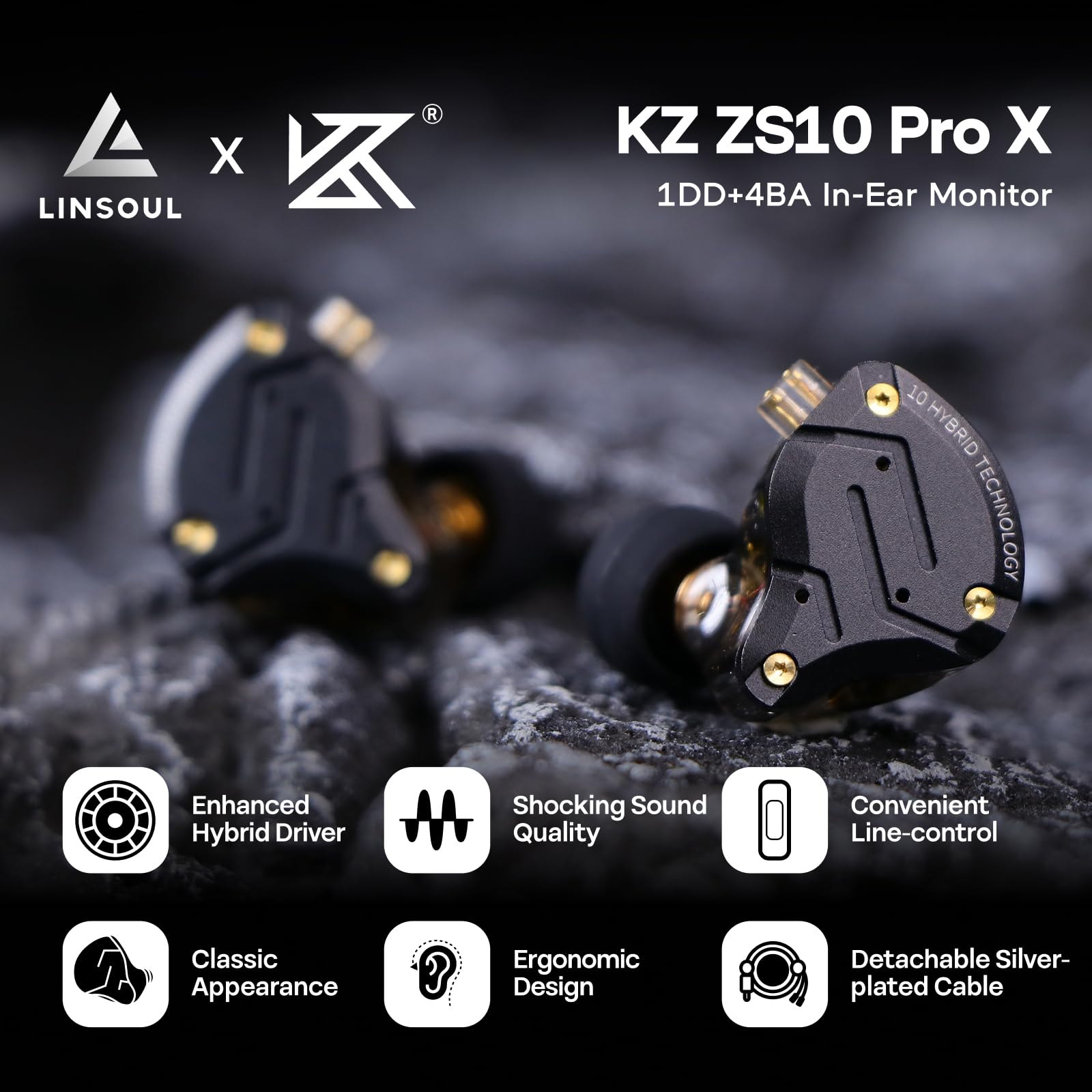 LINSOUL KZ ZS10 PRO X Upgraded 1DD+4BA Hybrid Treiber HiFi in Ear Kopfhörer IEM mit Alloy Faceplace Abnehmbares versenktes 2Pin Kabel für Audiophile Musiker DJ Bühne（Mit Mikrofon）