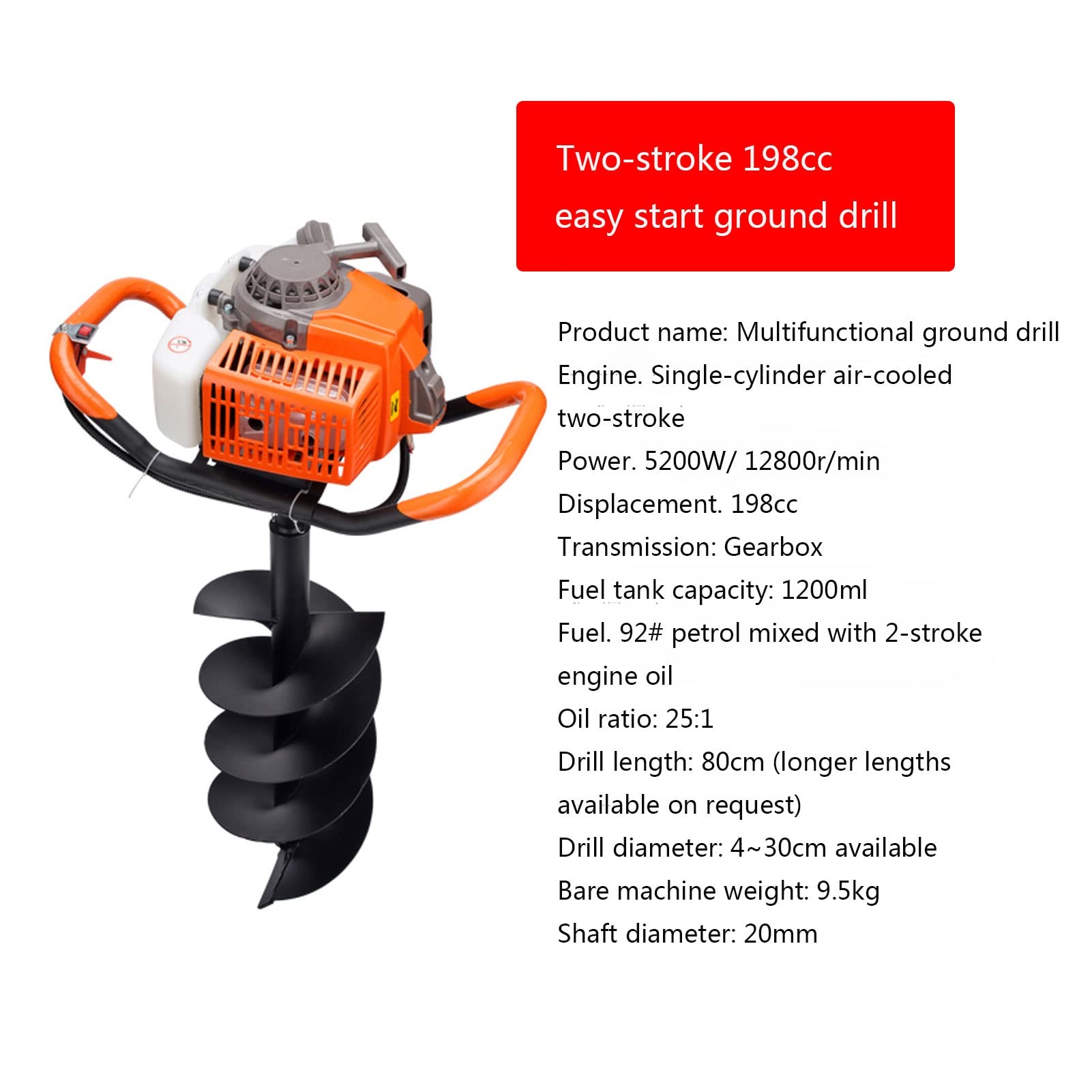 Tarière à essence 2 temps, perceuse à essence 198 cc, tarière sans fil, tarière à gaz, pelles pour poteaux de clôture, arbre de sol de jardin, avec 3 forets (5" et 6" et 8")
