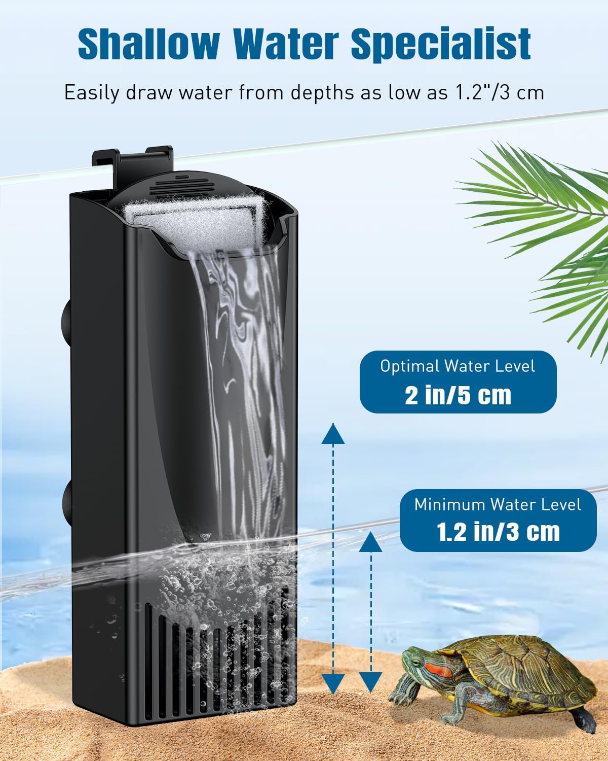 Pawfly 61 GPH 5.2 W Turtle Tank Filter, Low Water Level Turtle Filter for 3-15 Gallon Tanks, Mechanical & Bio-Filtration Internal Filter for Turtle Tanks, Ultra Quiet Waterfall Turtle Water Filter