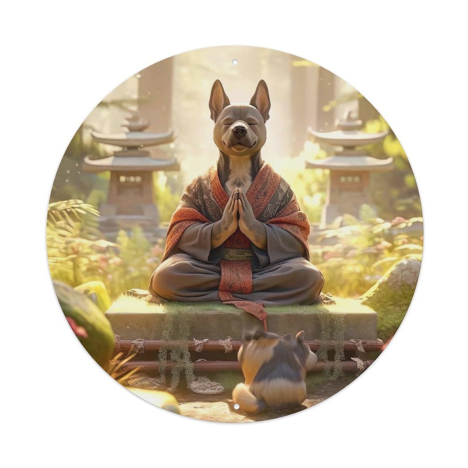 Animal Artwork Meditating Dog Vintage Metal Tin Sign Plaque Wall Decor for Cafe, Club, Garden Round Metal Poster 8x8Inch