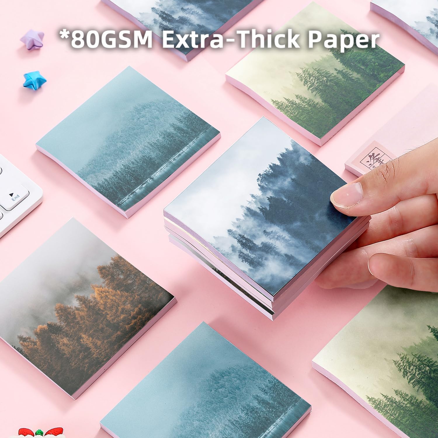 4-Pads 3x3 Sticky Notes, Scenery Memo Pads with High-Adhesive, Forest Self-Stick Notes, Reusable & Tearable for Journal Planners Office School Home, Artistic Stationery Gift - Misty Woods image 2